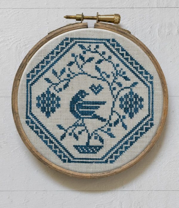 Quaker Medallion: Bird in a Grapevine, original cross-stitch design by Modern Folk Embroidery