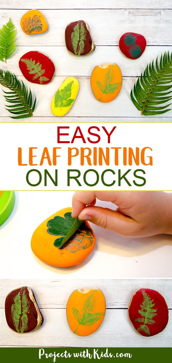 This leaf printing art project is a gorgeous fall craft that kids will love making! An easy painted rock idea that would make a great addition to your fall decor this holiday season. #fallcraft #rockpainting #leafcrafts #leafart #projectswithkids 
