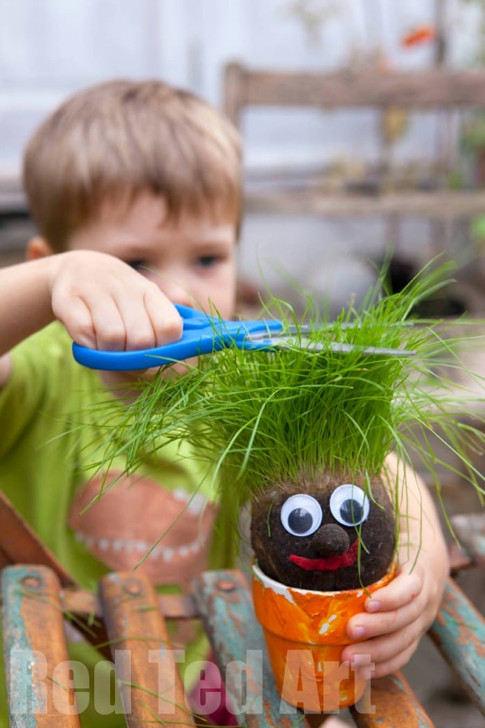 Grass Heads for Kids - these Grass Heads are so so easy to make and super fun to watch grow and care for. A great art come science activity for kids. Teaching them about looking after plants too! How to Make Grass Heads! #Spring #Grassheads #science #steam #planting #kids