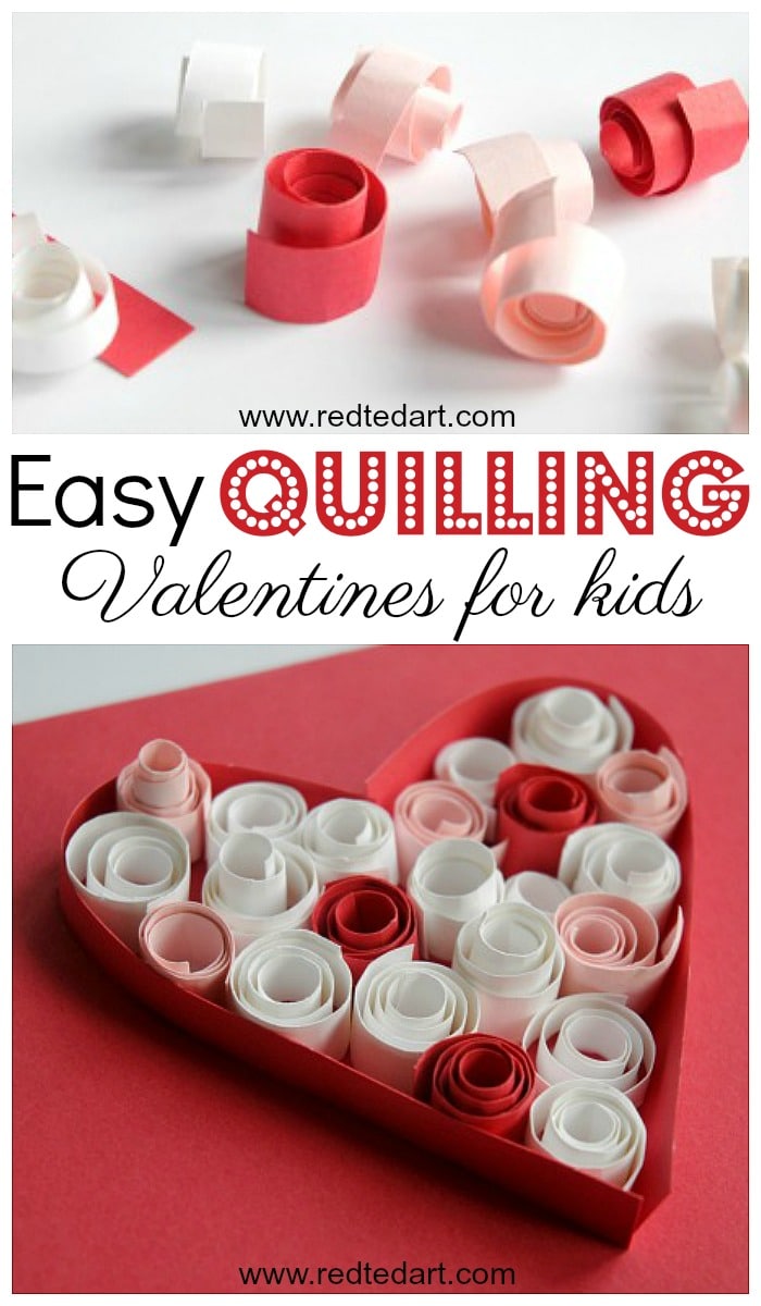 Easy Quilling for kids. Learn the basics of Paper Quilling with these great Paper Quilled Heart Cards for Valentines Day. #valentines #valentinesday #valentinesdaycards #valentinescards #hearts #papercrafts #quilling