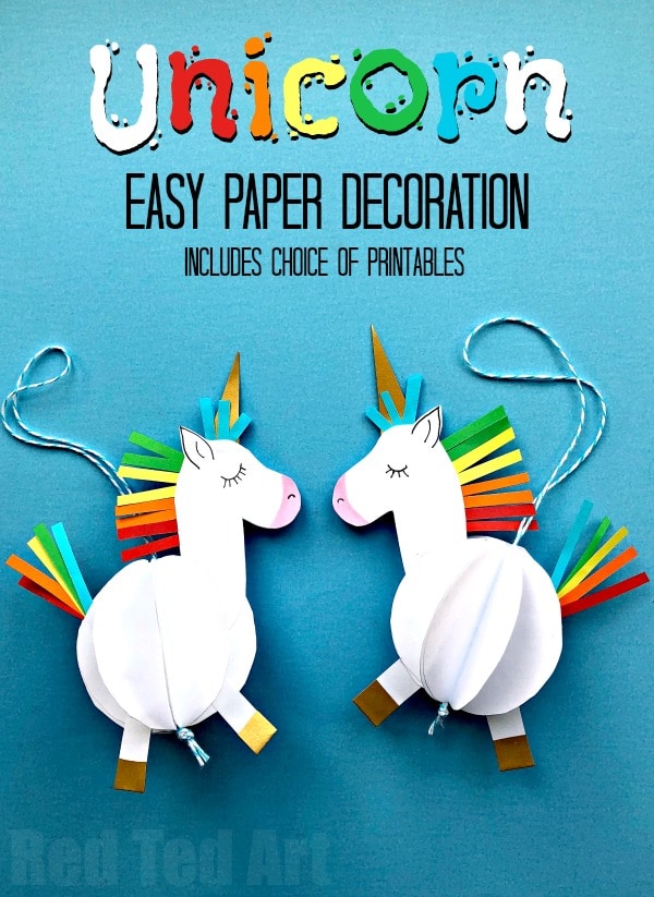 Easy 3D Paper Unicorn Decoration - Awww paper crafts for kids are so fun and so easy. All you need for these OH SO CUTE 3D Unicorn Baubles, is one sheet of A4 paper and some scraps of coloured paper (or some pens!). Alternatively make use of our handy free printables - there are 3 versions - templates, colour yourself or CUT and ASSEMBLE. Just so CUTE! Love. #Unicorn #unicorncrafts #unicorndiys #paperunicorn #unicorndecoration #printable #templates