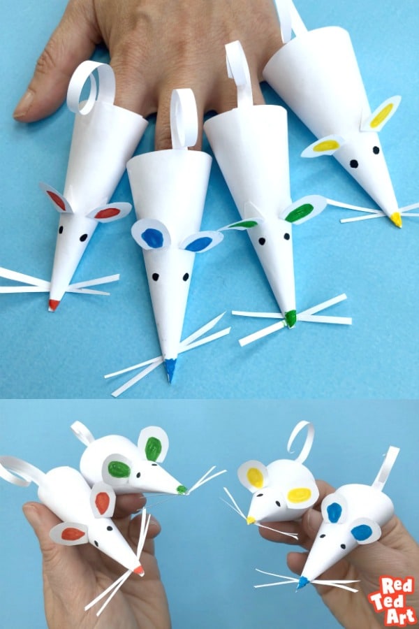 Collage of Paper Mice Finger Puppets on Hands