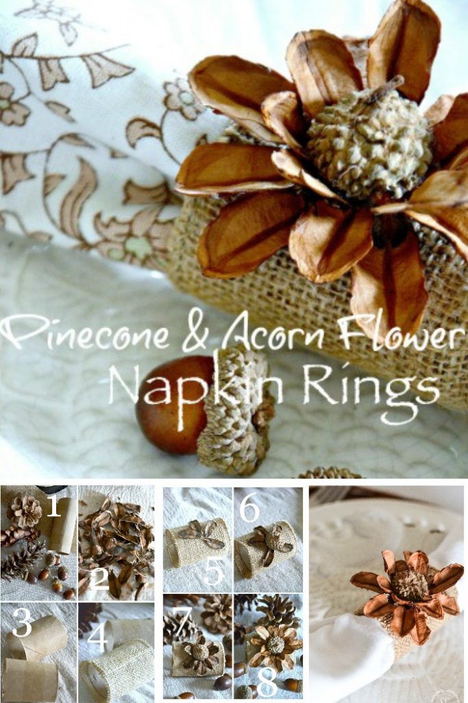PINECONE AND ACORN FLOWER NAPKIN RINGS-Anyone can make these gorgeous, organic napkin rings with a toilet paper roll, a scrap of burlap and some organic bit and pieces!